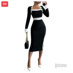Long Sleeve Square Neck Bodycon Midi Dress Cocktail Party Elegant